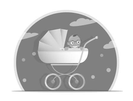 Black and white illustration baby stroller for boys, Isolated on white background. Cartoon pram illustrated. Trendy style for graphic design, Web site, social media, user interface, mobile app.のイラスト素材