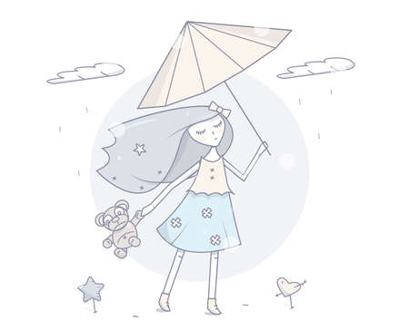 Girl with umbrella. Simple modern fashion design. Cartoon character vector illustration.のイラスト素材
