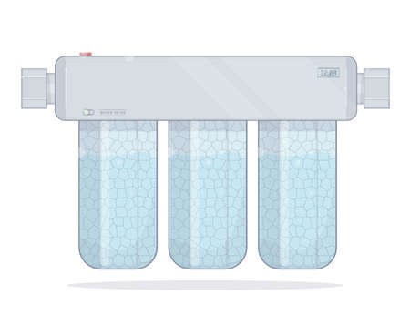 Water filter. Icons filtering. Three modules cleaning. Realistic illustration in a cartoon style. Isolated on white background.のイラスト素材