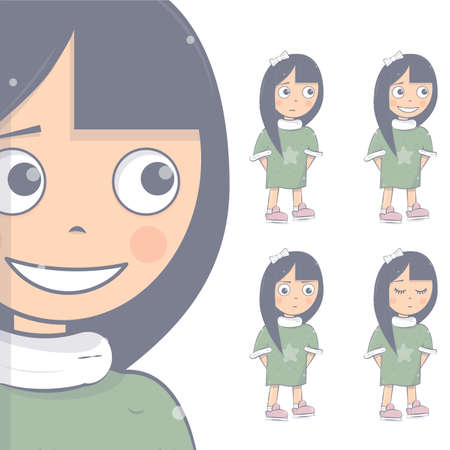 Young girl. Happy, sad and angry. Kid set. Cartoon character vector illustration.のイラスト素材