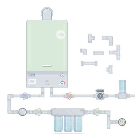 Heating system. Set gas boiler and circulation pump, water filter.のイラスト素材