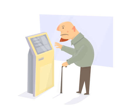 Old man with stick. Payment through the terminal. Take a ticket for the electronic queue.のイラスト素材