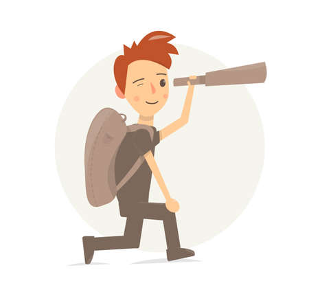 Boy is going camping wit telescope. A young researcher.のイラスト素材