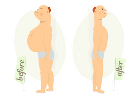 Fat man before and after. Cartoon character funny and comic style.のイラスト素材