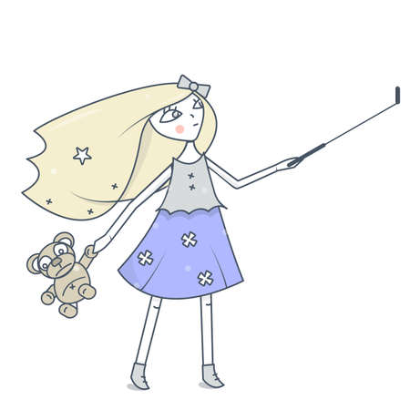 Girl character doing selfie. Vector flat cartoon illustration.のイラスト素材