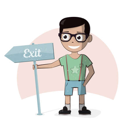 Boy shows the direction. Pointer with the inscription. Smiles and holds a board.のイラスト素材