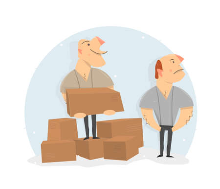 Movers load boxes. Delivery service Cartoon character funny and comic style. Vector illustration.のイラスト素材
