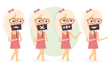 Character girl set. Emotions and gestures. Smiling and angry.のイラスト素材