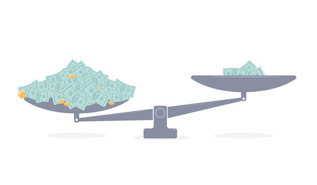 Money on scales. Budget allocation. Distribution of Finance.のイラスト素材