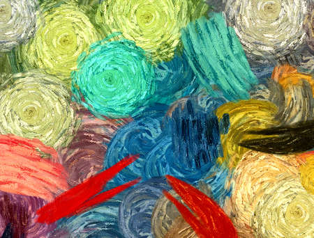 Pretty oil painting abstraction. Print art for wall decor. Impressionism style spring collection. Chaotic conceptual brush strokes on canvas. Warm colors background for rich creative graphic design.の写真素材