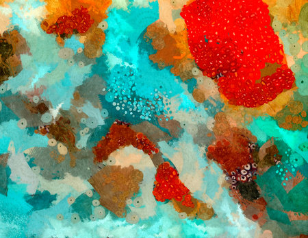 Pretty oil painting abstraction. Print art for wall decor. Impressionism style spring collection. Chaotic conceptual brush strokes on canvas. Warm colors background for rich creative graphic design.の写真素材