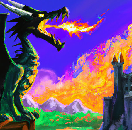 An evil fantastic dragon breathes flame towards a magical medieval castle. Magic fantasy world digital painting. mythological monster. dark colors. Big size art poster or canvasの写真素材