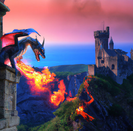 An evil fantastic dragon breathes flame towards a magical medieval castle. Magic fantasy world digital painting. mythological monster. dark colors. Big size art poster or canvasの写真素材