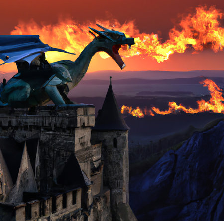 An evil fantastic dragon breathes flame towards a magical medieval castle. Magic fantasy world digital painting. mythological monster. dark colors. Big size art poster or canvasの写真素材