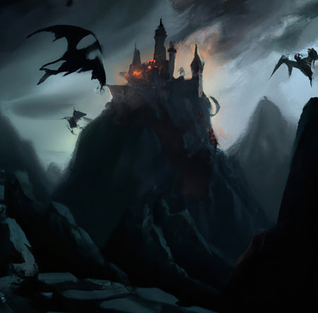 Mystic fantasy medieval castle on the mountain, rocky landscape. Fantastic world digital art painting. Large resolution poster or canvas print with oil painting realistic imitationの写真素材