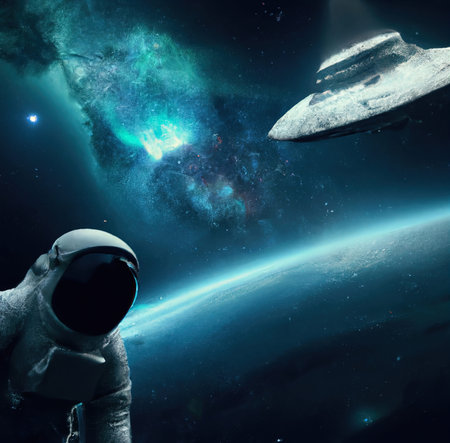 Astronaut in spacesuit in outer space and flying ufo around him. Beautiful galaxy nebula 3D...
