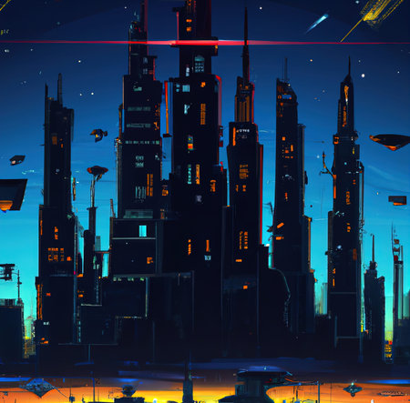Cyberpunk futuristic city 3D illustration. Neon light and skyscrapers. Gaming conceptual tech design. Night and dark colors. Art for print on poster, card, canvas, cover, banner.の写真素材