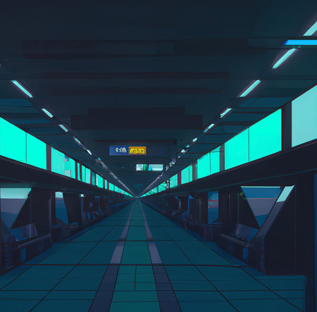Cyberpunk futuristic subway station 3D illustration. Neon light and glow. Gaming conceptual tech...