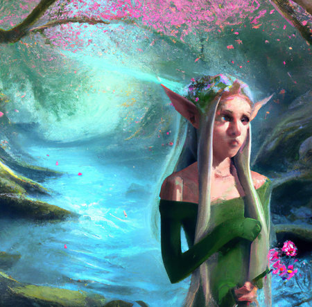 Digital oil painted beautiful elf girl with long hair in a magical fantasy forest by the river. Art...