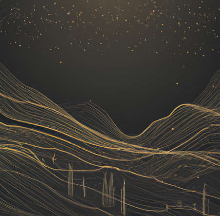 Golden mountains flat background, landscape art design in minimalist style with gold lines. Sun or moon mountains, hills, golden lines. luxury print for poster, card, canvas, coverの写真素材