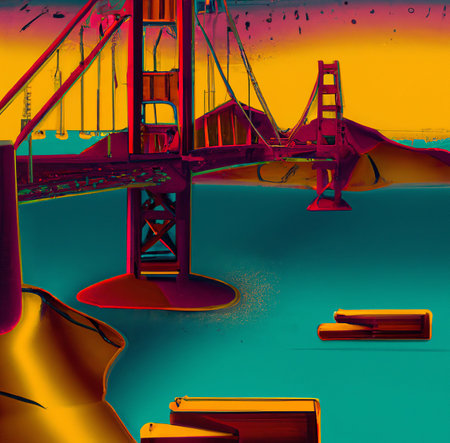 Cyberpunk retro illustration of Golden Gate Bridge in San Francisco, USA. Art print for poster,...