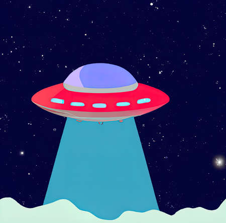 2D flat illustration of UFO in space with beam from below. Minimalist illustration of alien spaceship, galaxy background, cartoon design. Large print for poster, card, canvas, coveの写真素材