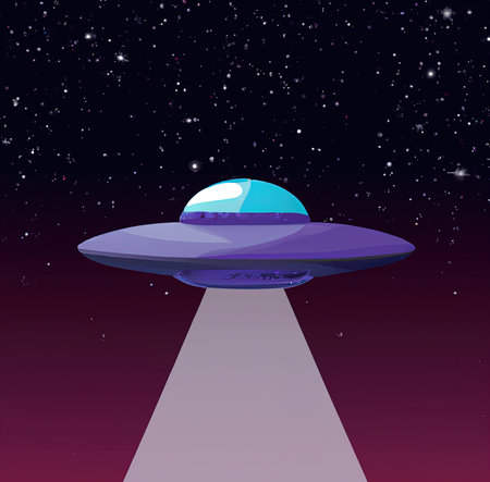 2D flat illustration of UFO in space with beam from below. Minimalist illustration of alien...