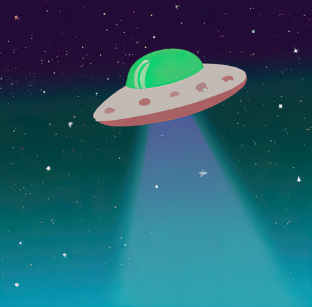 2D flat illustration of UFO in space with beam from below. Minimalist illustration of alien spaceship, galaxy background, cartoon design. Large print for poster, card, canvas, coveの写真素材