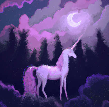 Unicorn in a magical fantasy forest digital drawing illustration, fabulous colors, moon in the sky and stars. Large print for poster, card, canvas, cover, banner, fabric.の写真素材