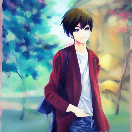 stylish anime boy. oil paintingの写真素材