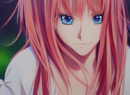 Pretty anime girl portrait. beautiful woman oil painting print. Fantasy female character cartoon illustration. Graphic digital art avatarの写真素材