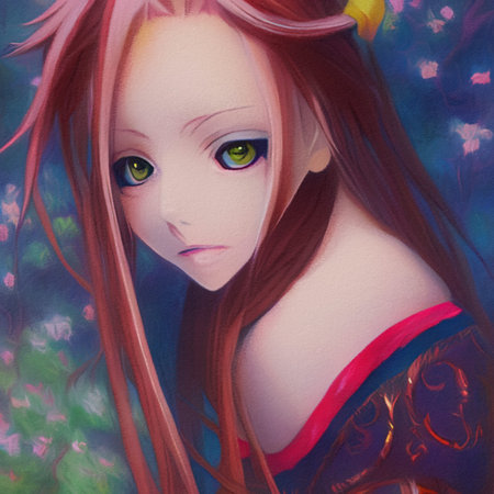 Pretty anime girl portrait. beautiful woman oil painting print. Fantasy female character cartoon...