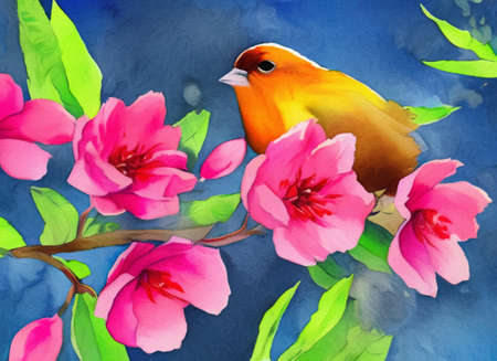 Watercolor artistic painting of bird and spring flower. Hand drawing big size print for decoration, design, poster, creative artworkの写真素材