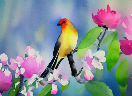 Watercolor artistic painting of bird and spring flower. Hand drawing big size print for decoration, design, poster, creative artworkの写真素材