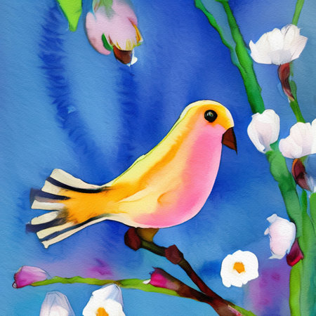 Watercolor artistic painting of bird and spring flower. Hand drawing big size print for decoration, design, poster, creative artworkの写真素材