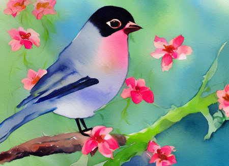 Watercolor artistic painting of bird and spring flower. Hand drawing big size print for decoration, design, poster, creative artworkの写真素材