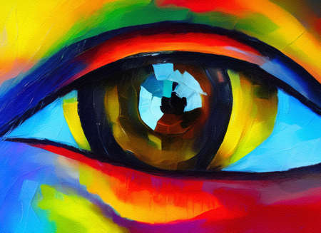 Colorful colors oil painting modern art, abstract drawing conceptual human eye in close-up. Palette knife on canvas contemporary closeup artwork printの写真素材