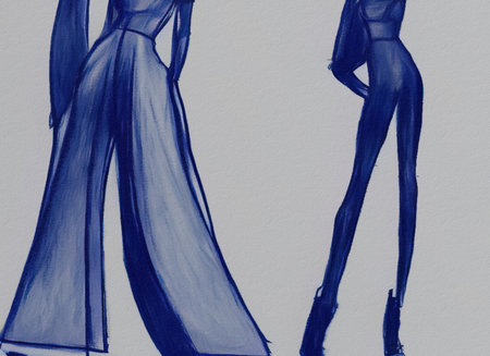 Fashion illustration hand drawn composition model, fashion show, stylish women. Abstract drawing in beauty look haute couture. Elegant design print, commercial production template,の写真素材