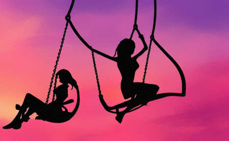 Fantasy art illustration of girl riding on swing silhouette. Flying girl fairy tale oil painting. Pastel colors and pink sunset backgroundの写真素材