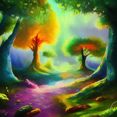 Watercolor and oil fantasy forest landscape, magic trees, mushrooms, glowing. Digital painting illustration concept art of mystic nature, outdoor drawing wall art print. Wonderlandの写真素材
