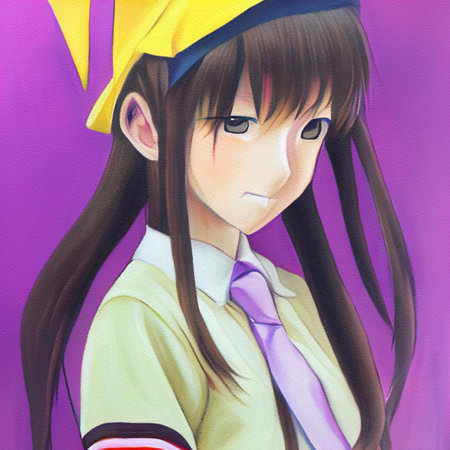 Cute anime schoolgirl portrait cartoon oil painting. Japanese girl manga animation avatar. Trendy...