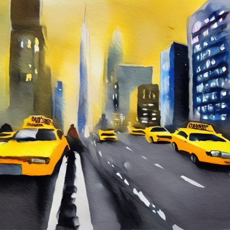 Watercolor hand drawn illustration of street view in New York at night, people at street walking,...