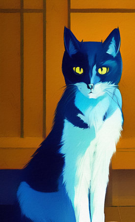 Oil painting portrait of beautiful cute cat. Kitten face wall art print, contemporary artwork. Cartoon anime style hand drawn kitten for poster, invitation, commercial design.の写真素材