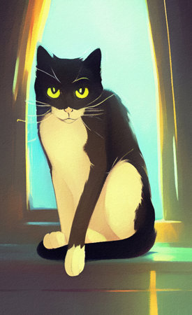 Oil painting portrait of beautiful cute cat. Kitten face wall art print, contemporary artwork. Cartoon anime style hand drawn kitten for poster, invitation, commercial design.の写真素材