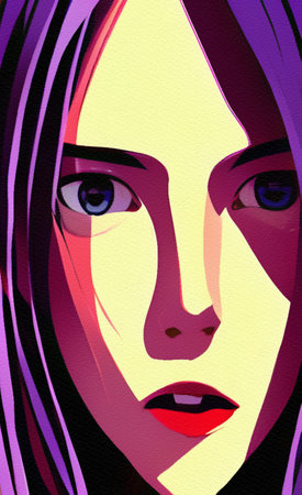 Digital painting oil and watercolor mixed drawing portrait in close-up of beautiful cartoon amine...