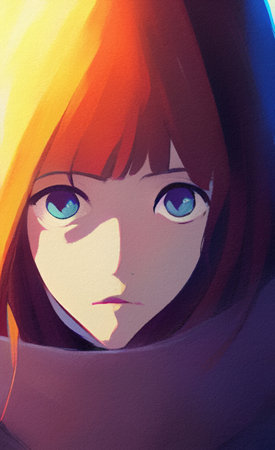 Digital painting oil and watercolor mixed drawing portrait in close-up of beautiful cartoon amine girl. Modern impressionism elements woman portrait. trendy wall art printの写真素材