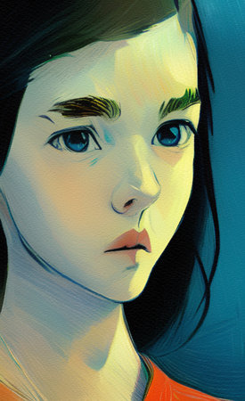 Digital painting oil and watercolor mixed drawing portrait in close-up of beautiful cartoon amine girl. Modern impressionism elements woman portrait. trendy wall art printの写真素材