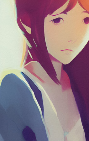 Digital painting oil and watercolor mixed drawing portrait in close-up of beautiful cartoon amine girl. Modern impressionism elements woman portrait. trendy wall art printの写真素材