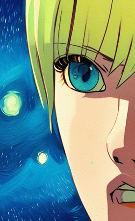 Digital painting oil and watercolor mixed drawing portrait in close-up of beautiful cartoon amine girl. Modern impressionism elements woman portrait. trendy wall art printの写真素材