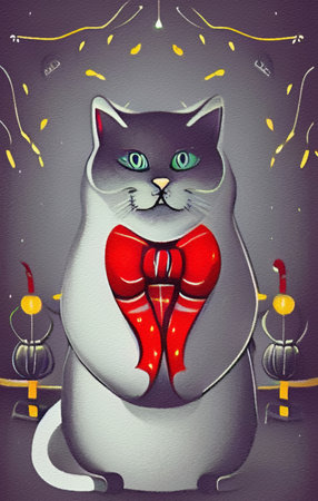 Cute Christmas cat with new year holiday interior on background, cartoon illustrationの素材